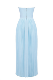 Strapless Cinch Waist Pleated Maxi Dresses-Blue [Pre Order]