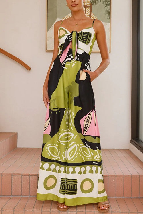 Tie Front Cut Out Wide Leg Printed Cami Jumpsuit