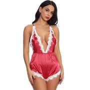 Sexy lace temptation deep V one-piece pajamas