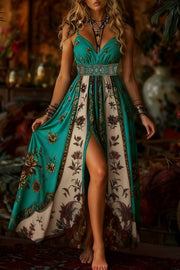 Bohemian print halter high slit maxi dress