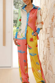 Unique Printed Long Sleeved Loose Shirt and Elastic Waist Pocket Pants Set