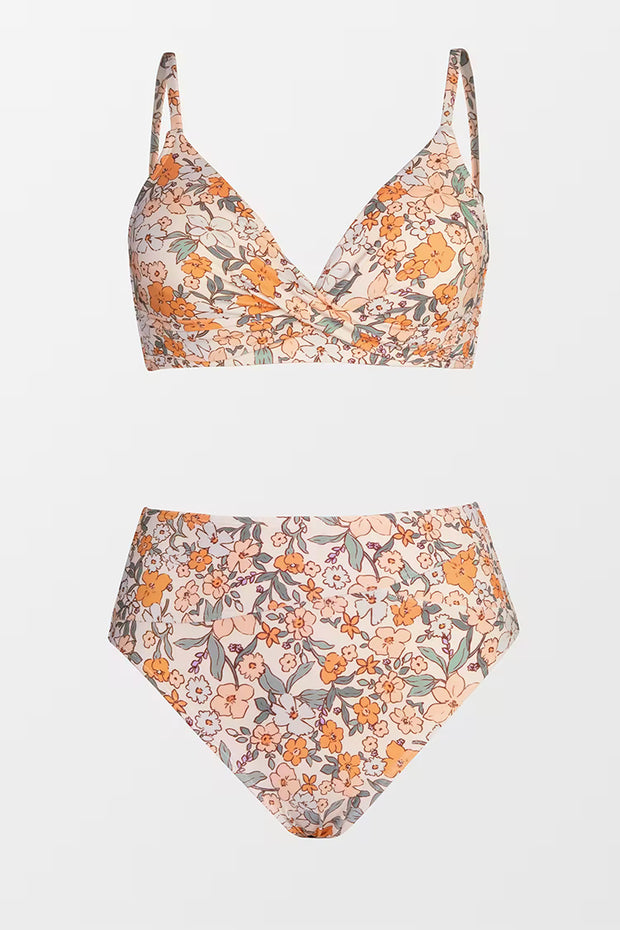 Floral Print Twist Bralette & Spliced High Waist Bikini Set