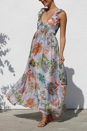 Unique Printed V-neck Ruffled Straps Pleated Back Maxi Dress