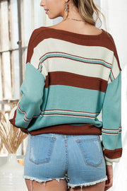 Peach Blossom Striped Pattern Knit V Neck Sweater