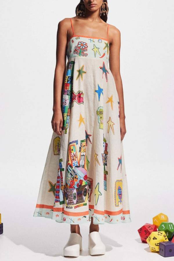 Artistic Graffiti Print Contrast Strap Maxi Dress