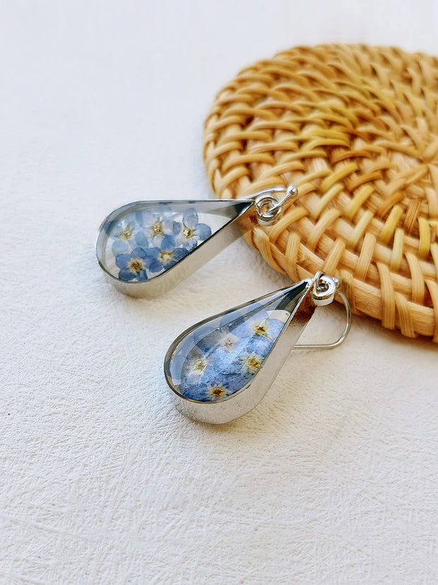 Pressed Flower Earrings - Water Drop Forget Me Not Flower