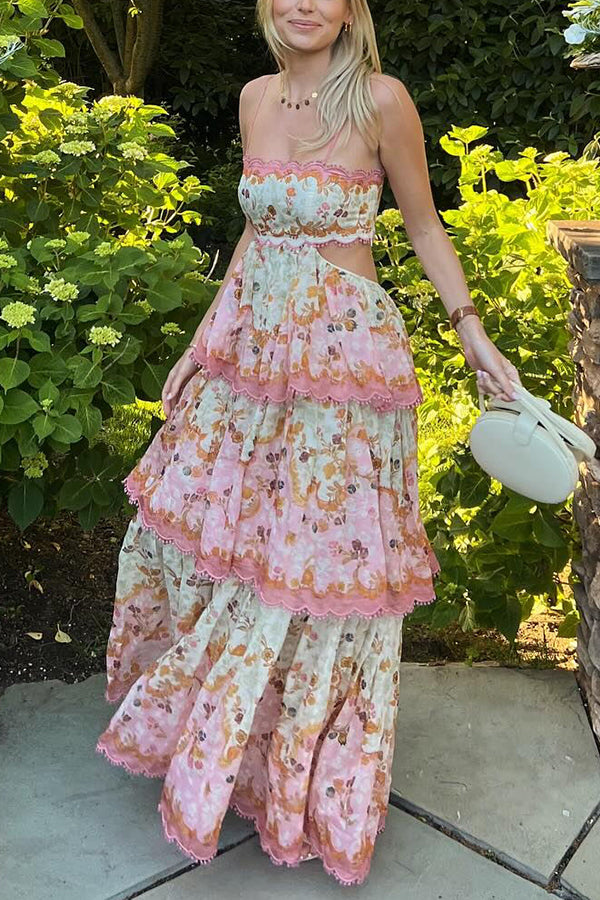 Charming Smile Floral Print Scalloped Lace-trim Back Tie-up Tiered Maxi Dress