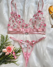 Floral Embroidery Hollow Heart Decor Lingerie Set