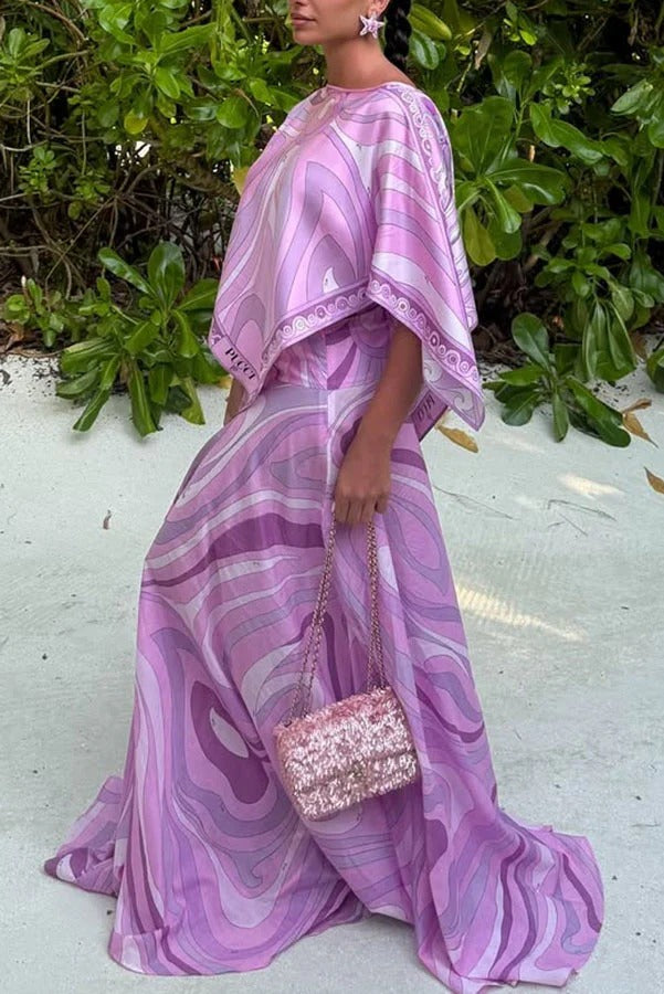 Anzio Satin Unique Print Cape Top and High Rise Elastic Waist A-line Maxi Skirt Set