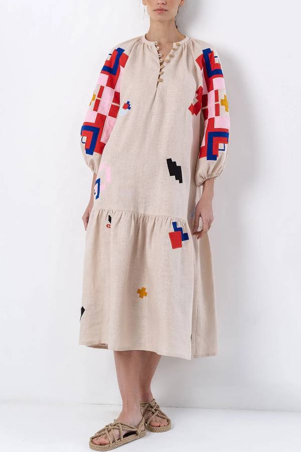 Linen Geometric Applique Lantern Sleeve Vacation Dress
