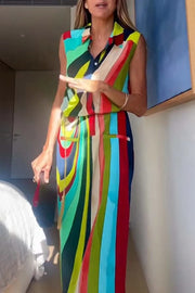 Bold and Elegant Colorful Print Button Up Pocket Shirt Slit H-line Maxi Dress