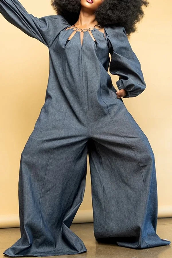 Casual Hollow Blue Denim Wide Leg Jumpsuit