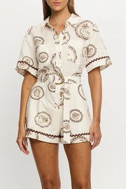 Resort Style Print Lapel Short Sleeves Casual Pocket Waist Tie Loose Rompers