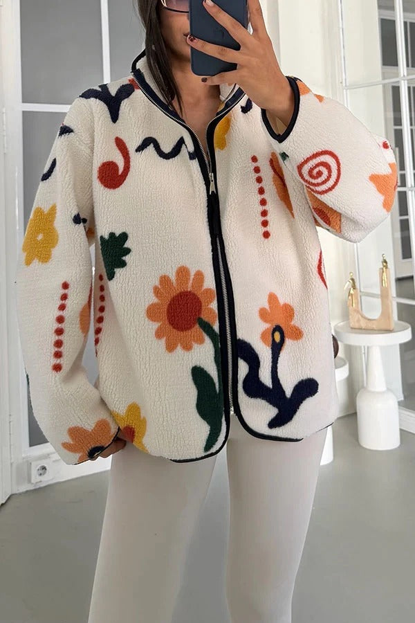 Snow Village Fleece Unique Print Zipper High Neck Long Sleeve Pocket Coat