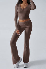 Women's Solid Color Simple Long Sleeve V-Neck Top And Trousers Knit Two-Piece Set
