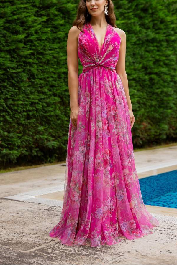 Autumn Romantic Floral Tulle Twist Detail Backless Slit Formal Maxi Dress