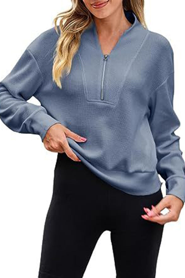 Waffle zipper V-neck pullover long-sleeved sweater