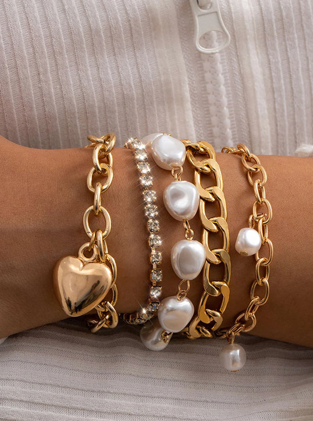 Metal Chain and Pearl Layered Bracelet Set