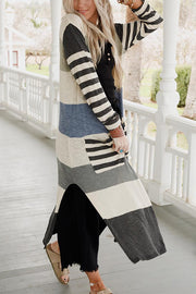 Striped Pockets Open Front Split Long Cardigan