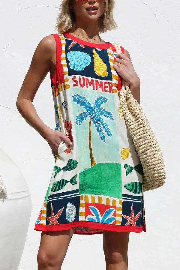 Summer-themed Printed Round Neck Sleeveless Pocket Loose Mini Dress