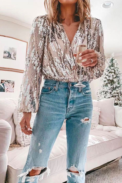 Stylish V Neck Long Sleeve Sequin Splice Top