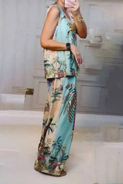 Unique Palm Tree Print Elastic Waist Loose Wide-Leg Pants