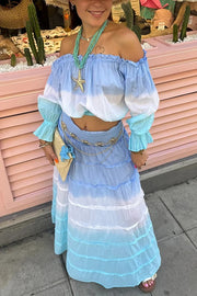Fashionable Gradient Off Shoulder Long Sleeve Top and Resort Style Spliced Maxi Skirt Set