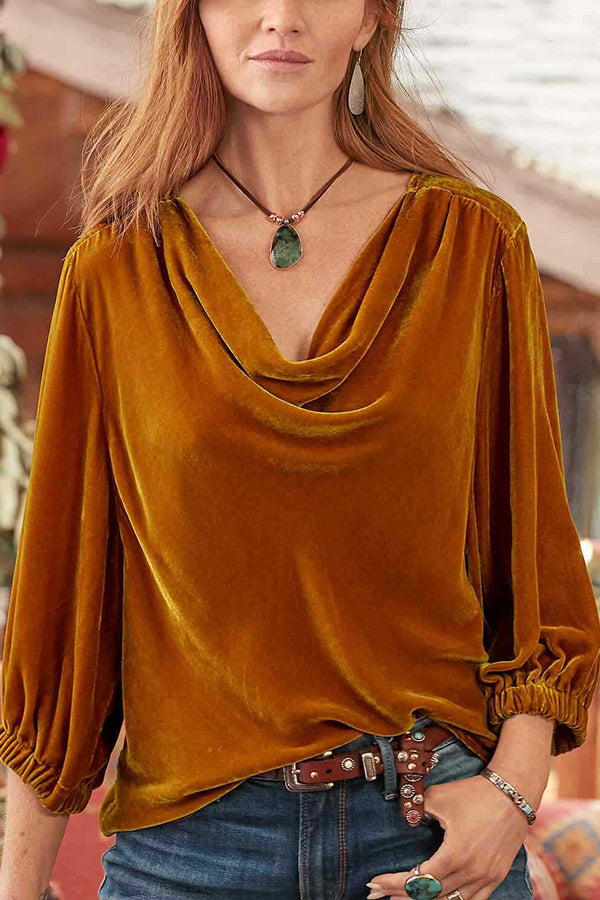 Solid gold velvet stacked collar pleated T-shirt