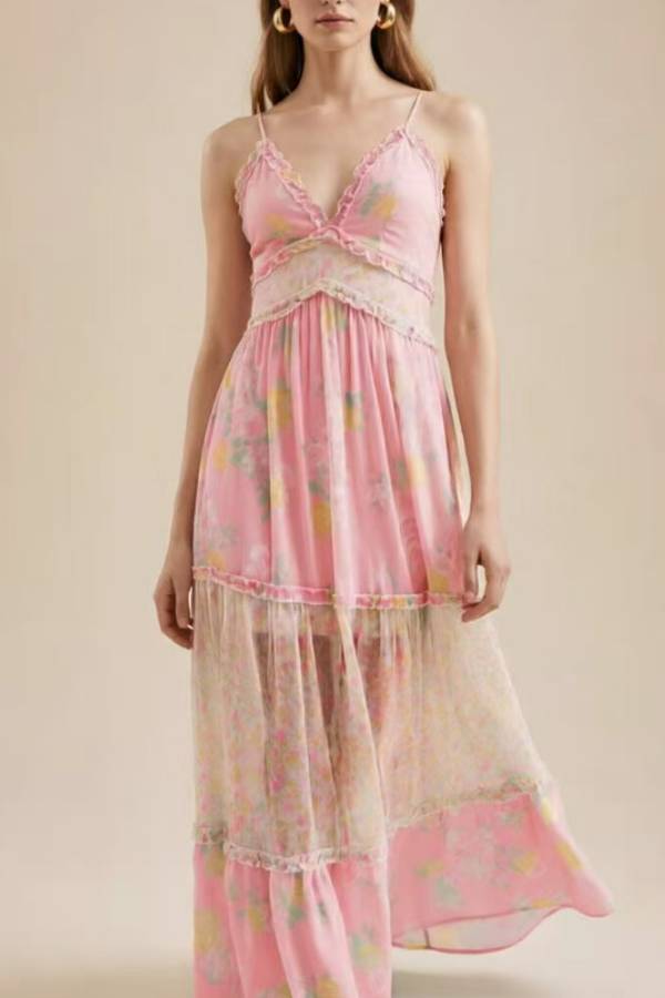 Floral Ruffle Criss‑Cross Back Cami Vacation Maxi Dress