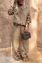 Leopard Print Crew Neck Loose Top and Elastic Waist Casual Wide-leg Pants Set