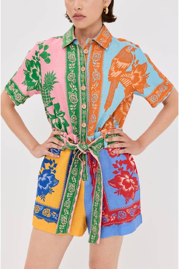 Lace Garden Mixed Scarf Print Tie Belt Linen Blend Romper