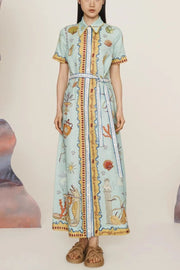 Deep Sea Dreaming Linen Blend Unique Print Short Sleeve Tie-up Shirt Maxi Dress