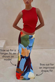 Bright and Bold Satin Abstract Color Blocks Print Elastic Waist Drape Maxi Skirt