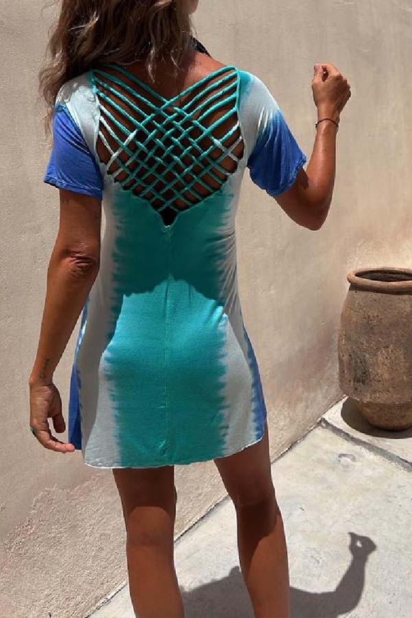Akiri Tie-dye Print Back Grid Lace-up Stretch Mini Dress