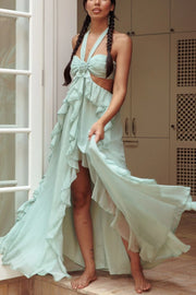 Gorgeous Vacation Halter Rose Detail Cut Out Ruffles Backless Maxi Dress