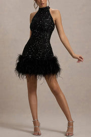 Dazzling and Playful Sequin High Neck Feather Trim Stretch Mini Dress