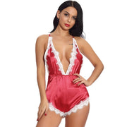 Sexy lace temptation deep V one-piece pajamas