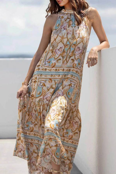 Exquisite Satin Ocean Treasure Print Maxi Dress