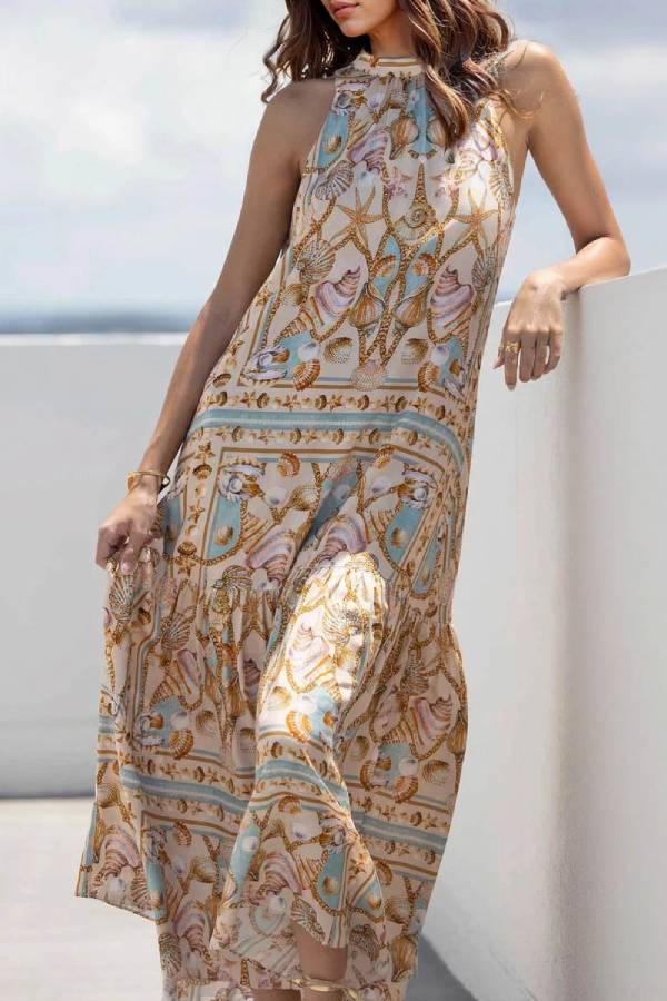 Exquisite Satin Ocean Treasure Print Maxi Dress