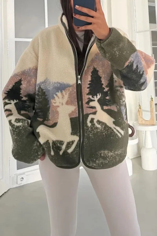Snow Village Fleece Unique Print Zipper High Neck Long Sleeve Pocket Coat