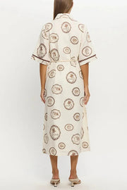 Resort Style Print Lapel Short Sleeves Casual Pocket Waist Tie Loose Midi Dress