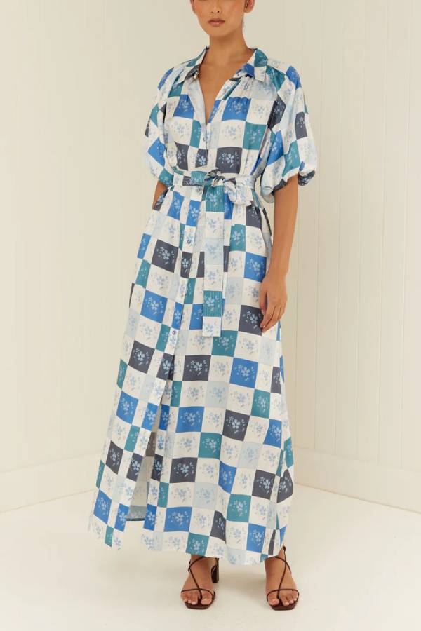 Blue Floral Tile Print Tie Waist Maxi Dress