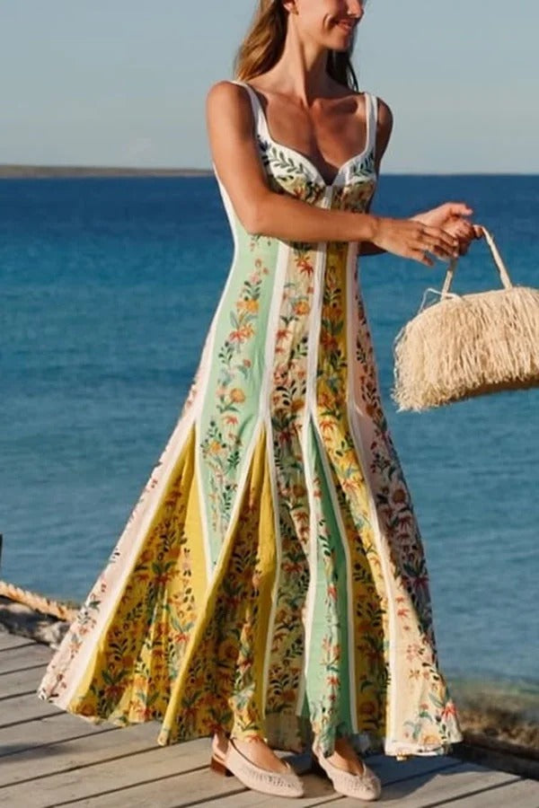 Sweet Garden Linen Blend Color Block Floral Paneled Maxi Dress