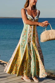 Sweet Garden Linen Blend Color Block Floral Paneled Maxi Dress