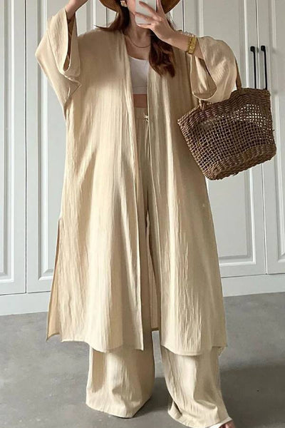 Casual Long Cardigan Slit Two-piece Set