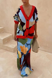 Bright and Bold Satin Abstract Color Blocks Print Elastic Waist Drape Maxi Skirt