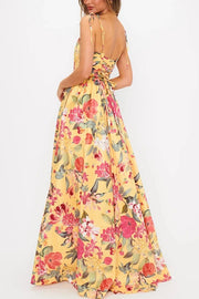 Garden Wedding Floral Print Back Tie-up Pocketed Slit Maxi Dress