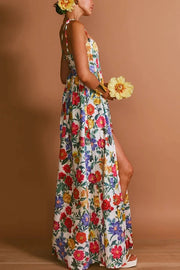 Garden Wedding Floral Print Back Tie-up Pocketed Slit Maxi Dress