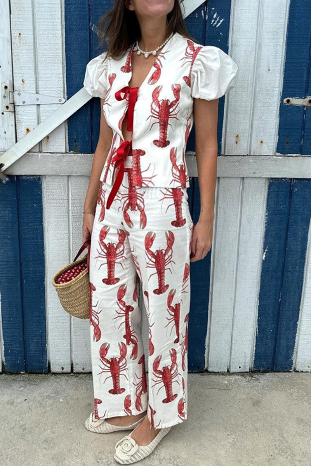 Fun Vacation Lobster Print Front Tie-up Puff Sleeve Loose Shirt