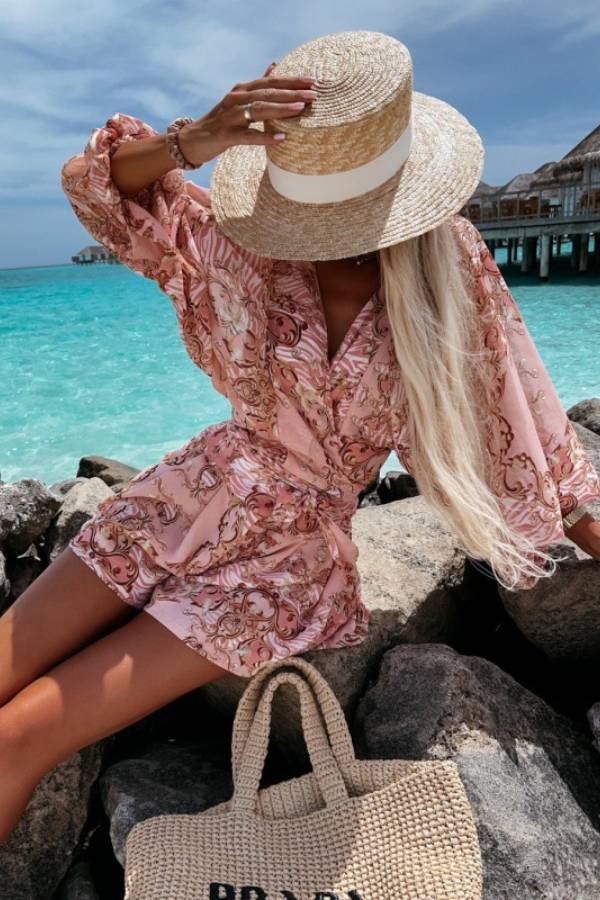 Printed lantern sleeve fitted waist jumpsuit shorts